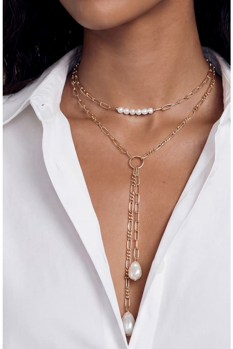 Faux Pearl Mixed Chain Layered Y-Necklace, Alternate, color, GOLD