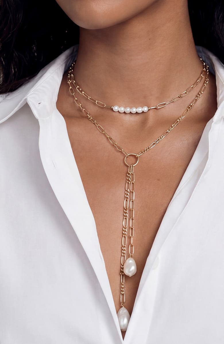 Ettika Faux Pearl Mixed Chain Layered Y-Necklace, Alternate, color, Gold