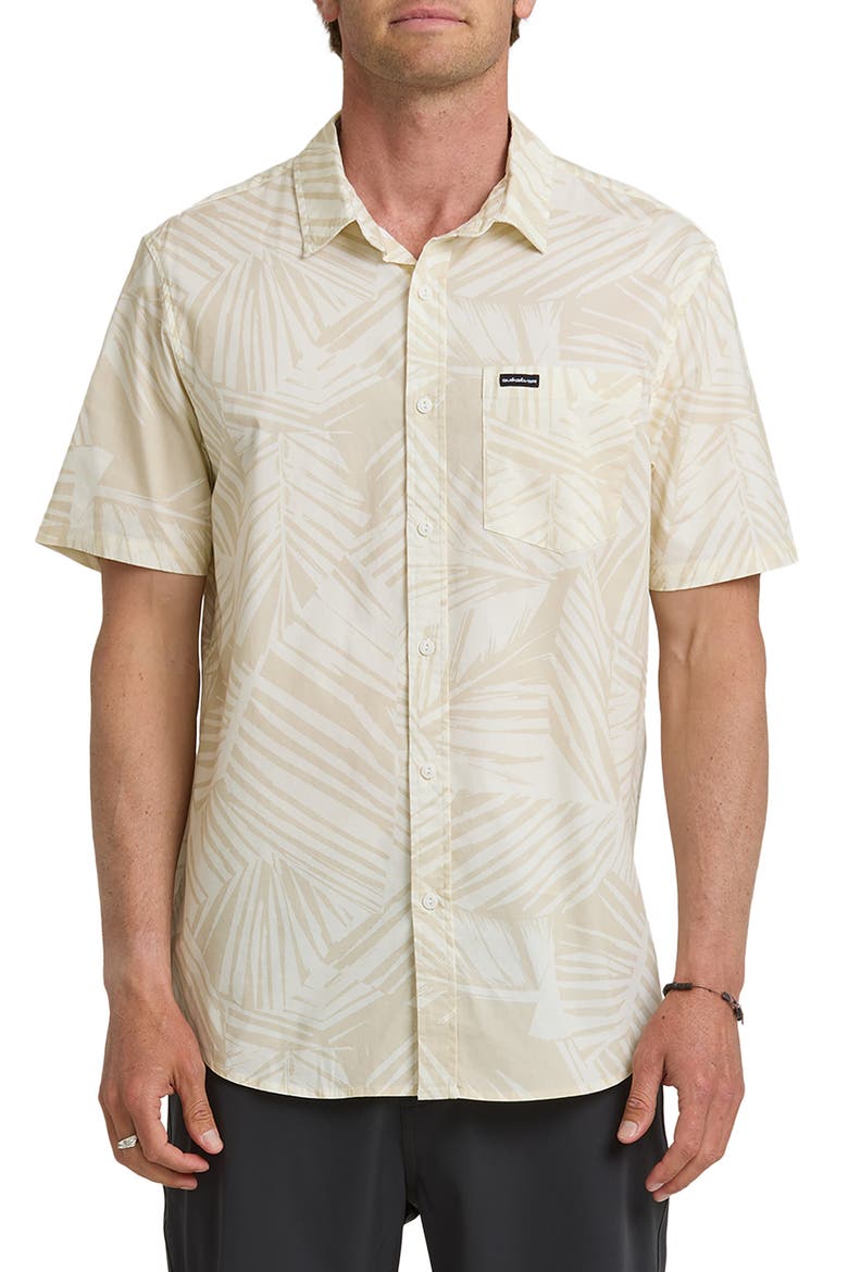 Aruba Palms Print Regular Fit Short Sleeve Cotton Button-Up Shirt, Main, color, SNOW WHITE