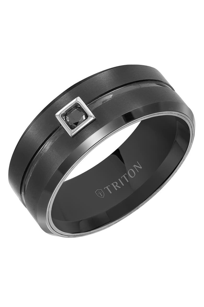 9MM Ring with Single Black Diamond Center and Brushed Center with Bevel Edge, Main, color, Black