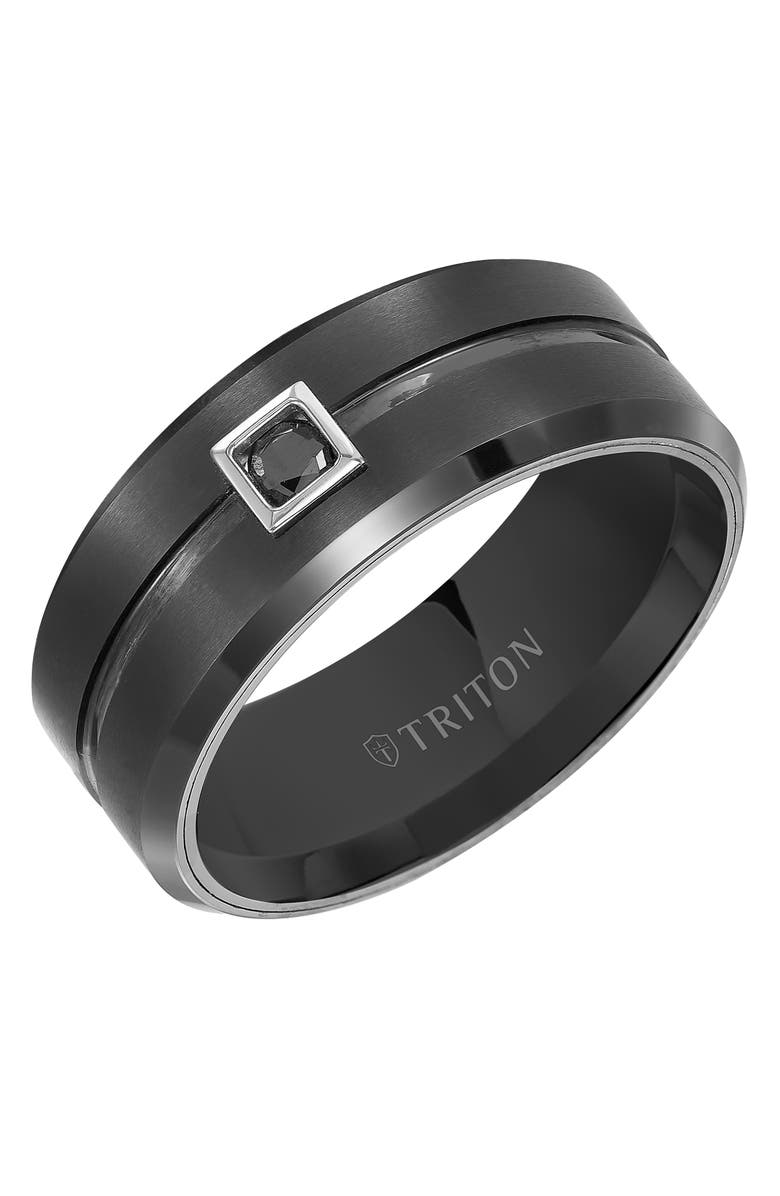 Triton 9MM Ring with Single Black Diamond Center and Brushed Center with Bevel Edge, Main, color, 