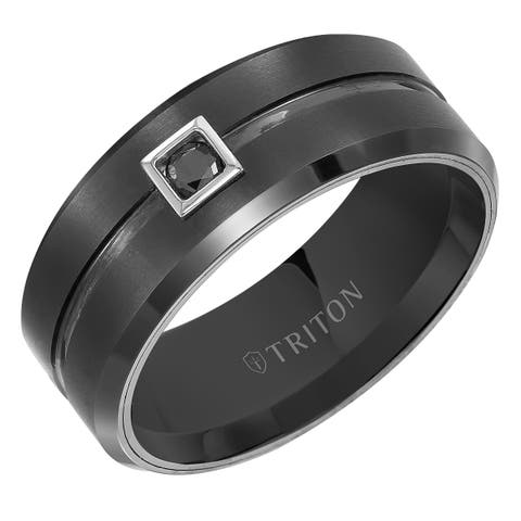 9MM Ring with Single Black Diamond Center and Brushed Center with Bevel Edge