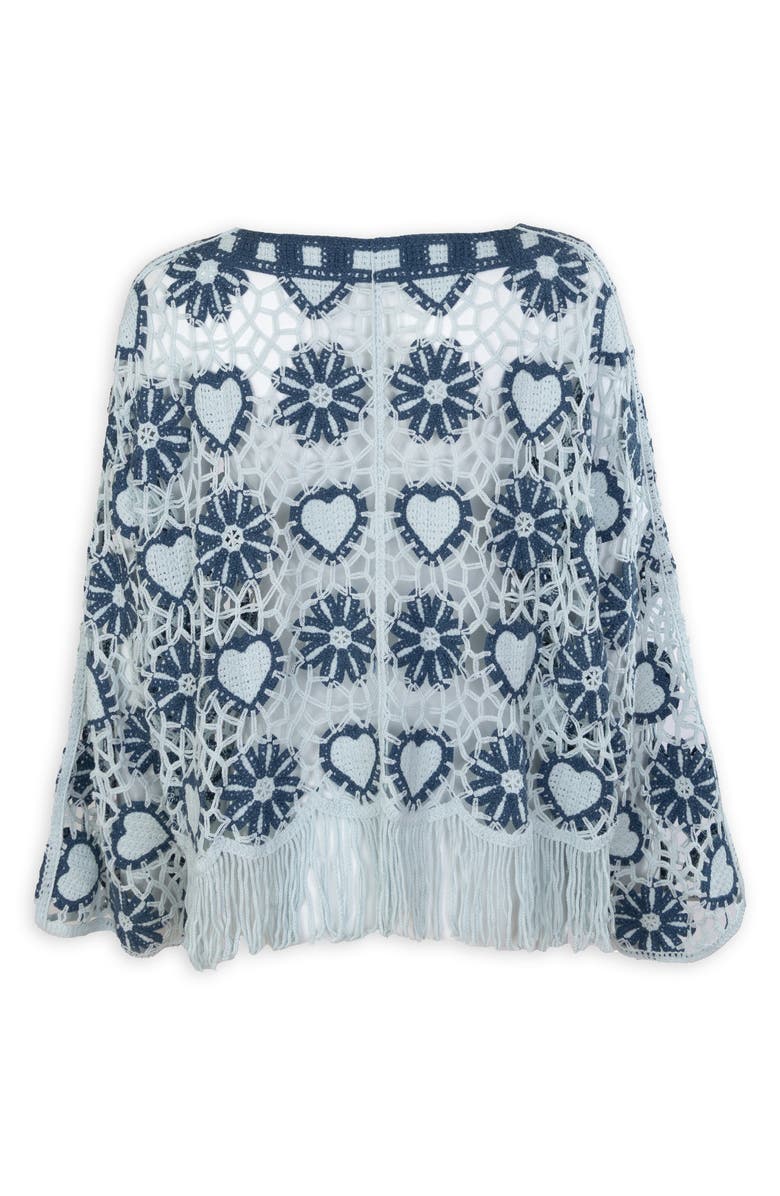 SAACHI Heart Fringe Trim Crochet Poncho, Alternate, color, Blue