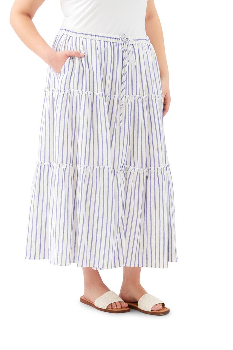 Tiered Stripe Linen Blend Midi Skirt, Alternate, color, BLUE/WHITE