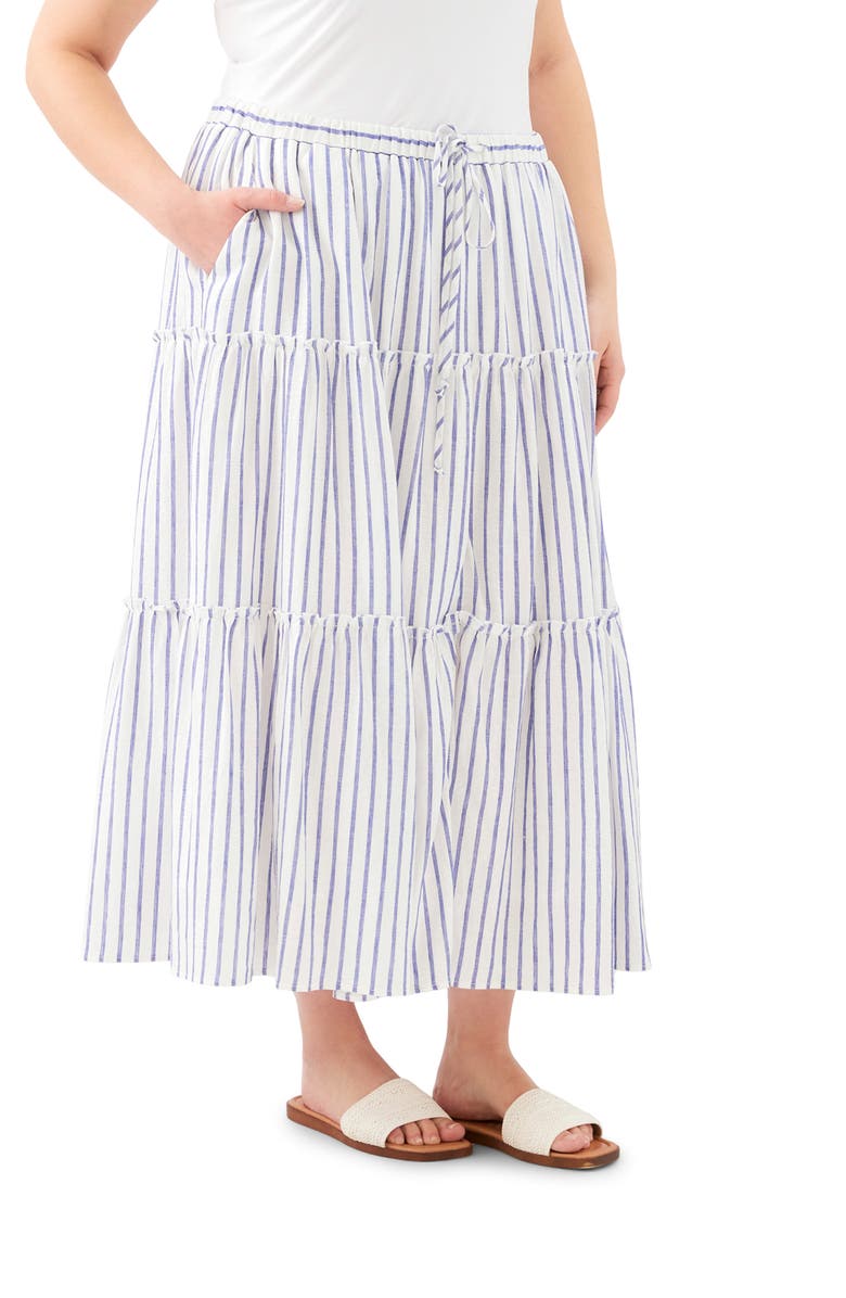 Karen Kane Tiered Stripe Linen Blend Midi Skirt, Alternate, color, Blue/White