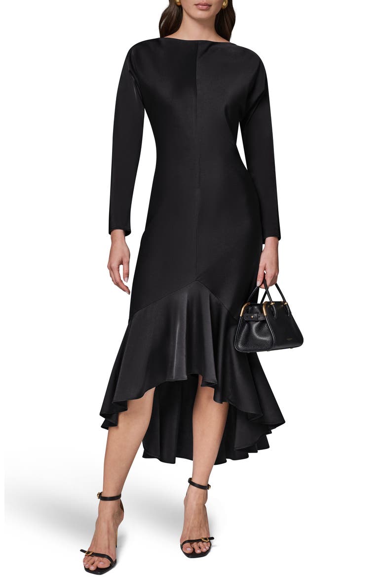 Long Sleeve Satin Mermaid Cocktail Dress, Alternate, color, BLACK