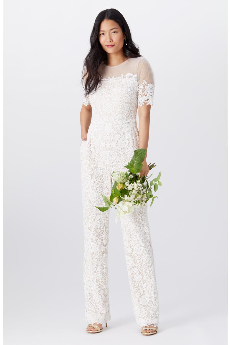 Lace Bodice Wide Leg Wedding Jumpsuit, Alternate, color, IVORY
