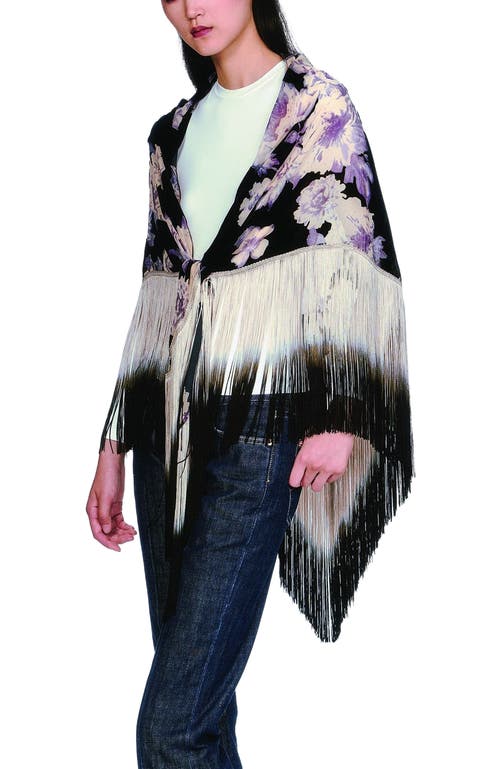 Anna Sui Cabbage Rose Devore Fringe Shawl In Black