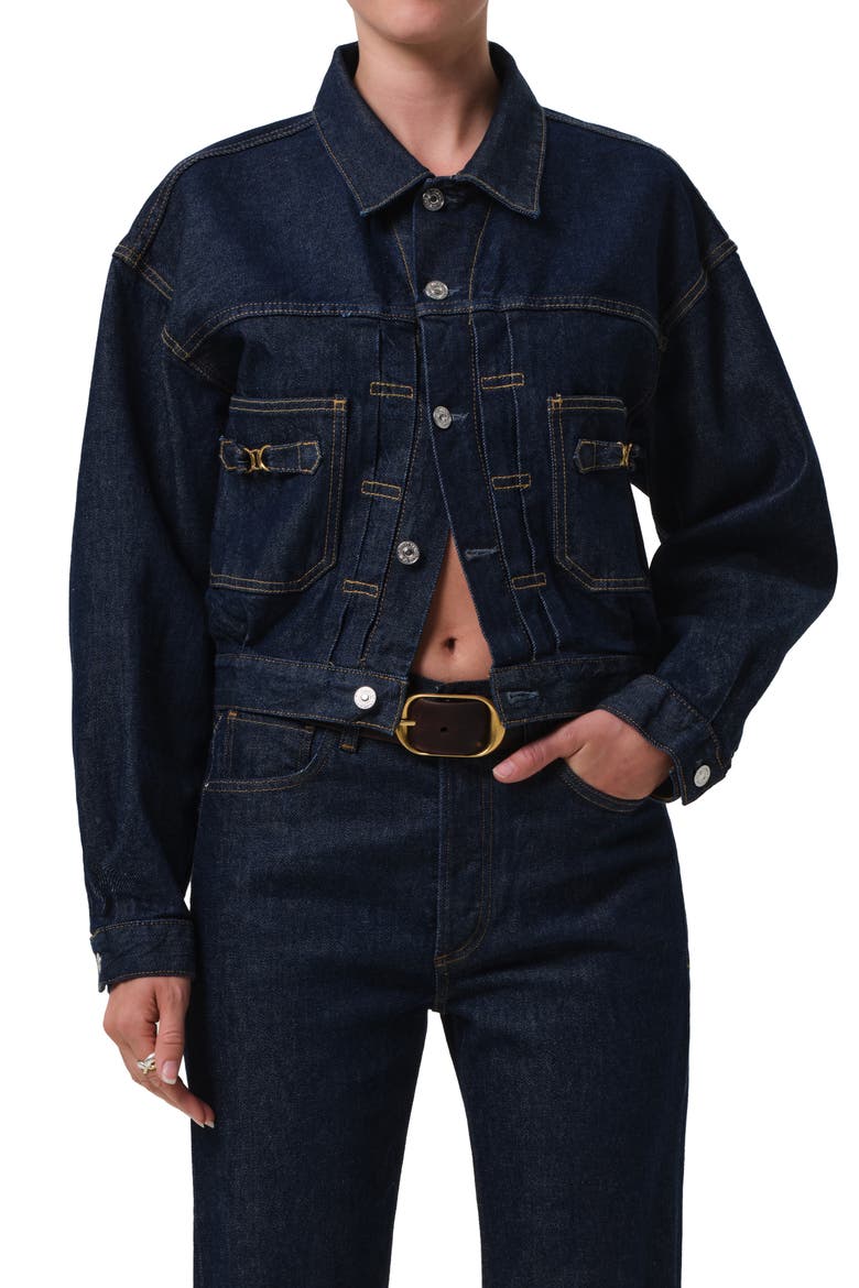 Alma Denim Trucker Jacket, Main, color, HELIA DARK INDIGO