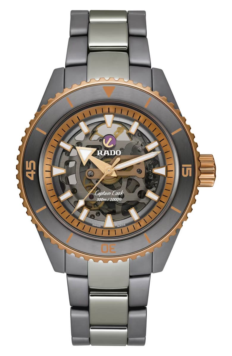 RADO Captain Cook High Tech Ceramic Skeleton Bracelet Watch, 43mm, Main, color, Grey