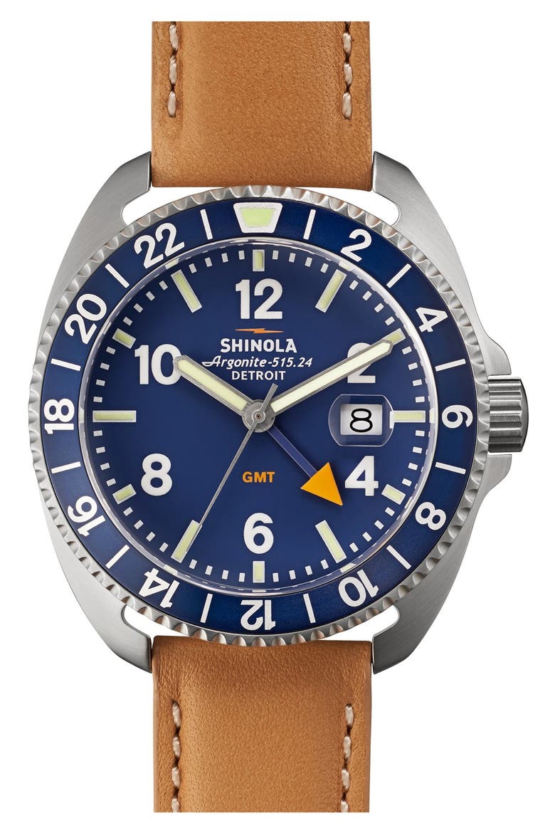 'Rambler' Dual Time Leather Strap Watch, 44mm, Main, color, ROYAL BLUE/ NATURAL