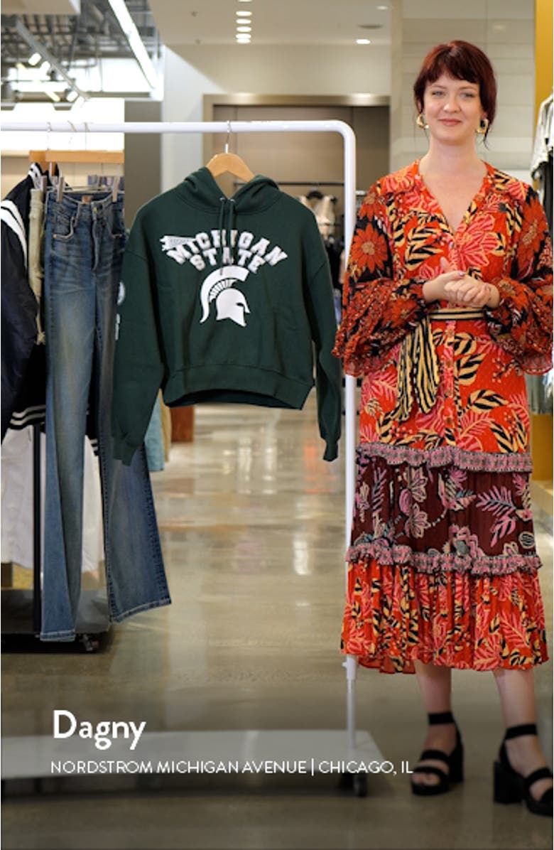 Women's WEAR by Erin Andrews Green Michigan State Spartans Mixed Media Cropped Pullover Hoodie, sales video thumbnail