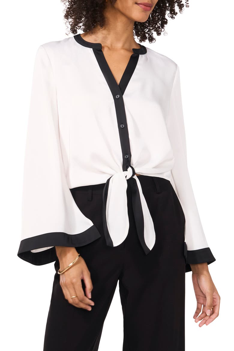 Contrast Detail Tie Front Button-Up Satin Shirt, Main, color, NEW IVORY