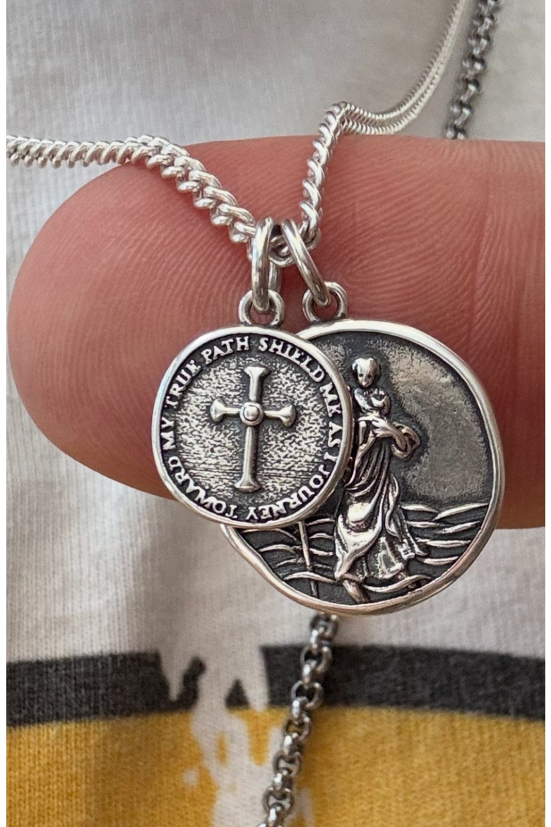 Saint Christopher Double Medallion Necklace, Alternate, color, Sterling Silver