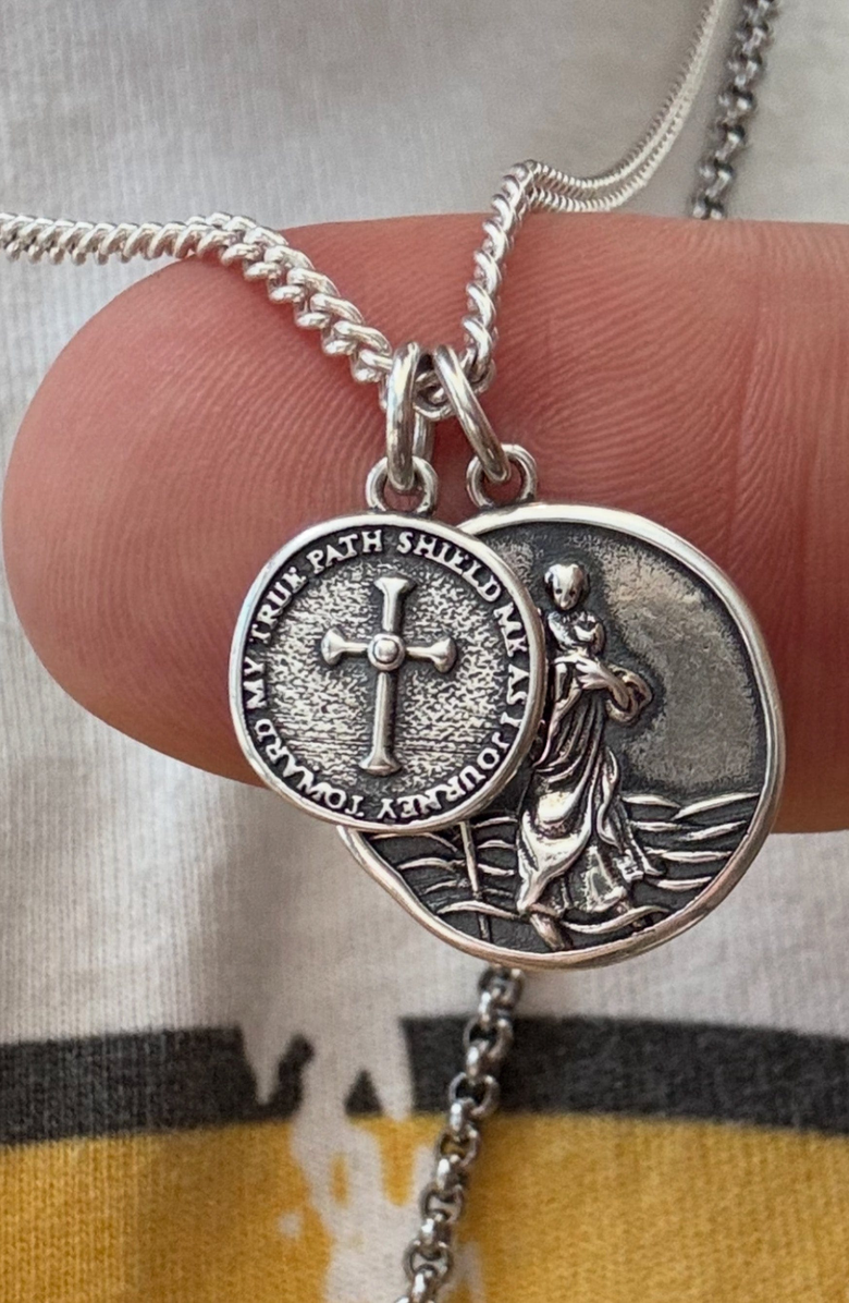 Nialaya Saint Christopher Double Medallion Necklace, Alternate, color, Sterling Silver