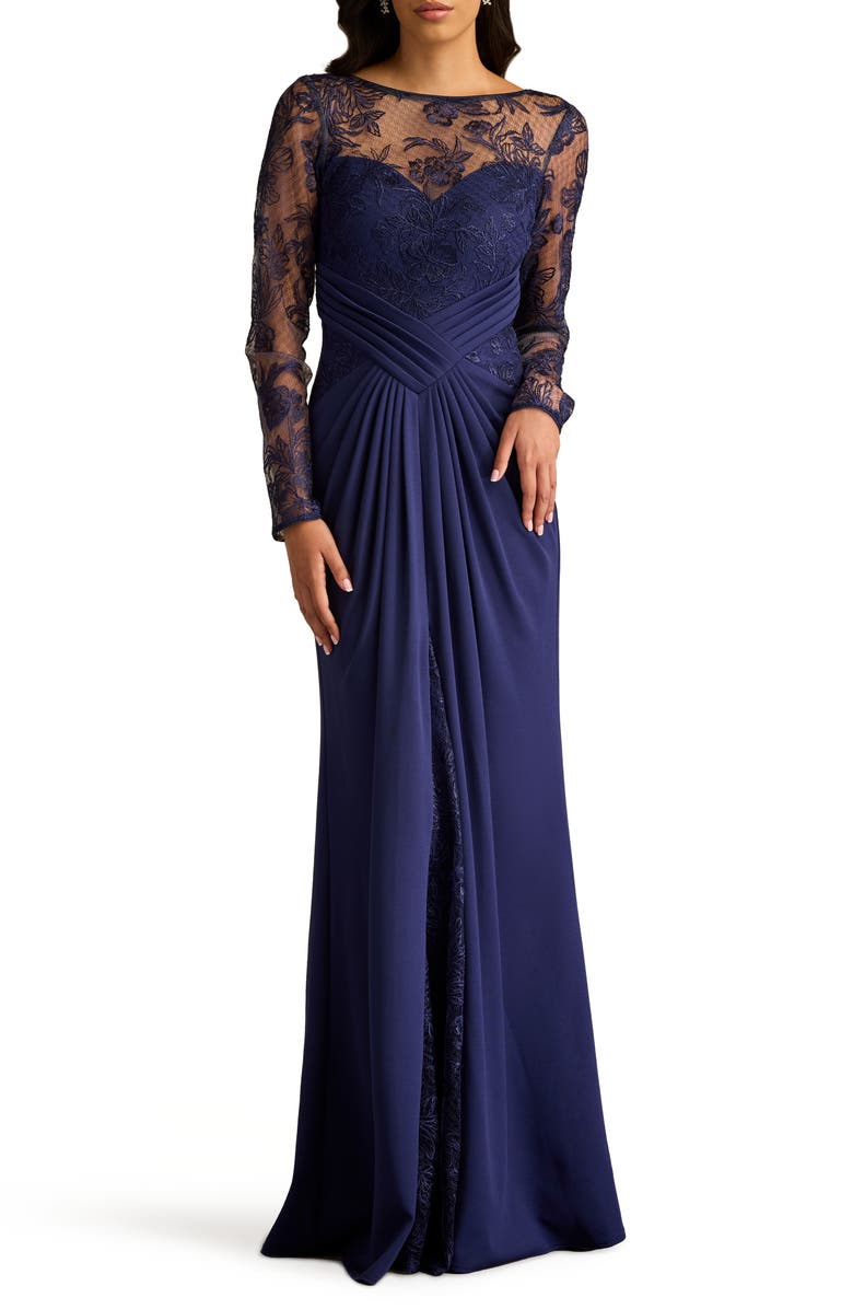 Tadashi Shoji Floral Embroidery Long Sleeve Mixed Media Gown, Main, color, Notte