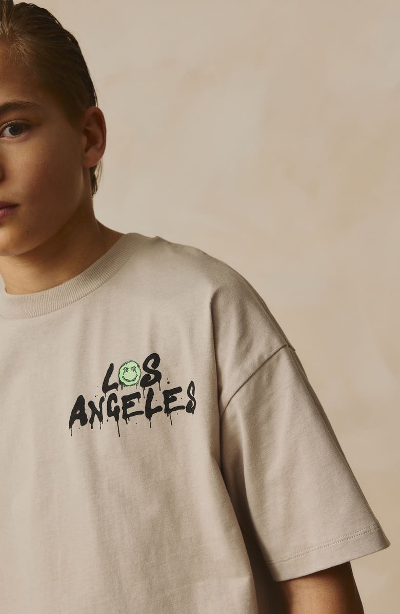 NEXT Kids' Oversize LA Graphic T-Shirt & Stripe Drawstring Shorts Set, Alternate, color, Neutral