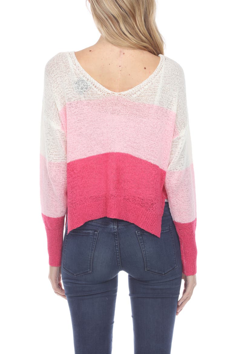 Stripe V-Neck Long Sleeve Openwork Knit Top, Alternate, color, FUCHSIA