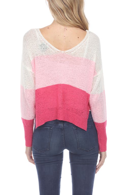 Rain And Rose Stripe V-neck Long Sleeve Openwork Knit Top In Fuchsia