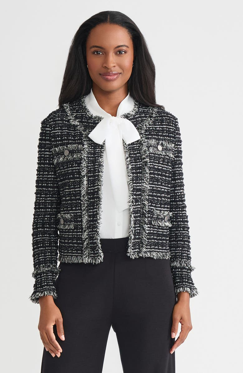 Misook Heritage Eyelash Tweed Knit Jacket, Main, color, Black/New Ivory