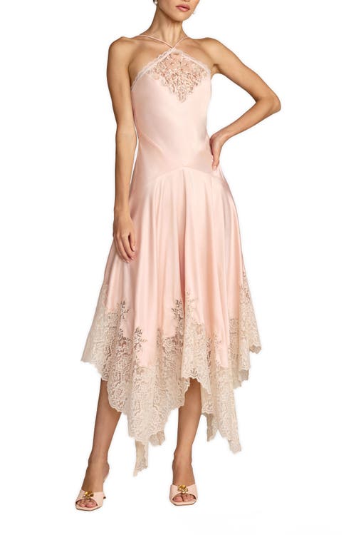 Mac Duggal Charmeuse Lace Detail Asymmetrical Hem Midi Dress in Ballet Slipper at Nordstrom, Size 6