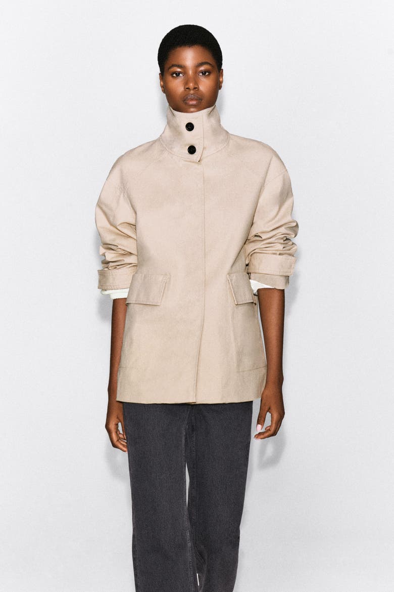 Cotton-twill Mock-neck Jacket, Alternate, color, LIGHT BEIGE