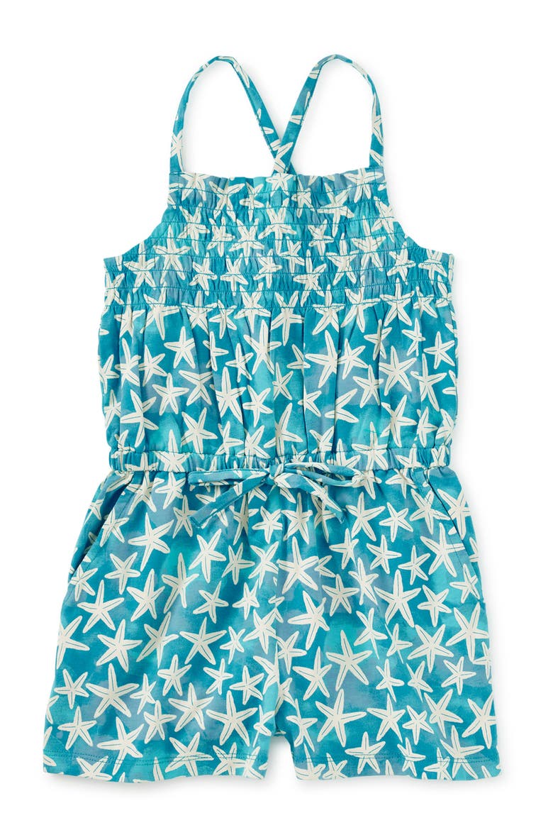 Smocked Strappy Romper, Main, color, Watercolor Starfish