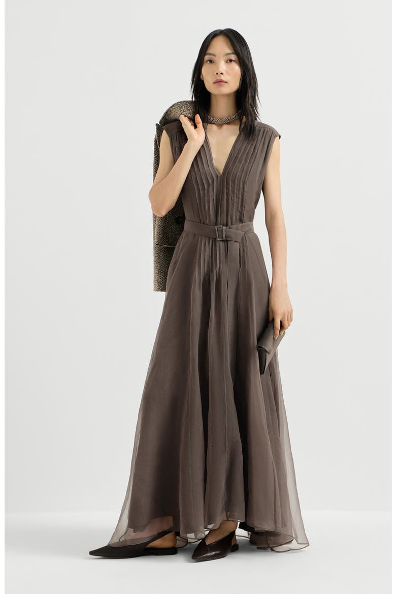 Crispy silk belted dress with pleated detail and precious strap, Alternate, color, Brown