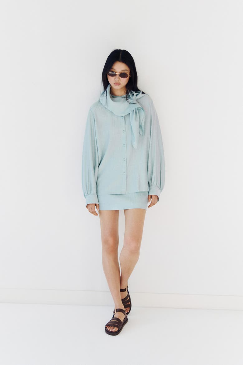 Scarf-detail Shirt, Alternate, color, Light dusty turquoise