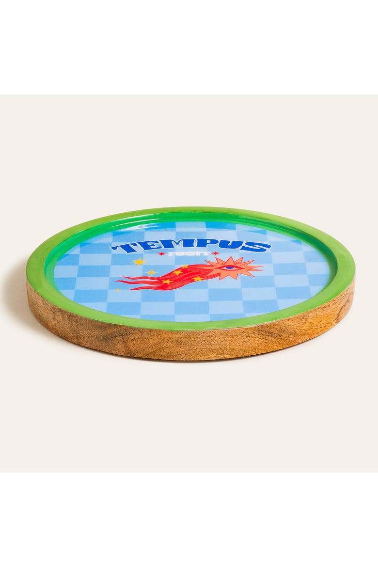 Lakri Tempus Round Wood Serving Entertaining Artisan, Alternate, color, Blue