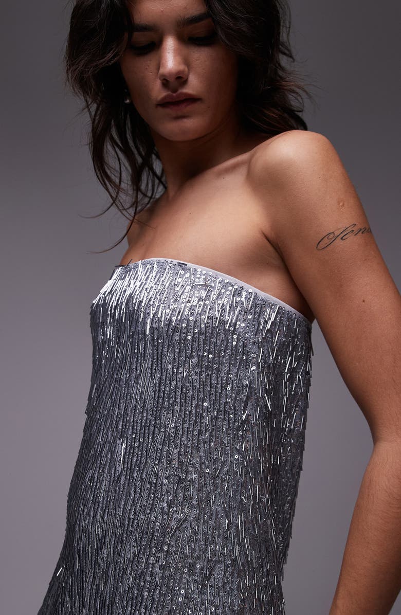 Topshop Sequin Fringe Strapless Midi Dress, Alternate, color,