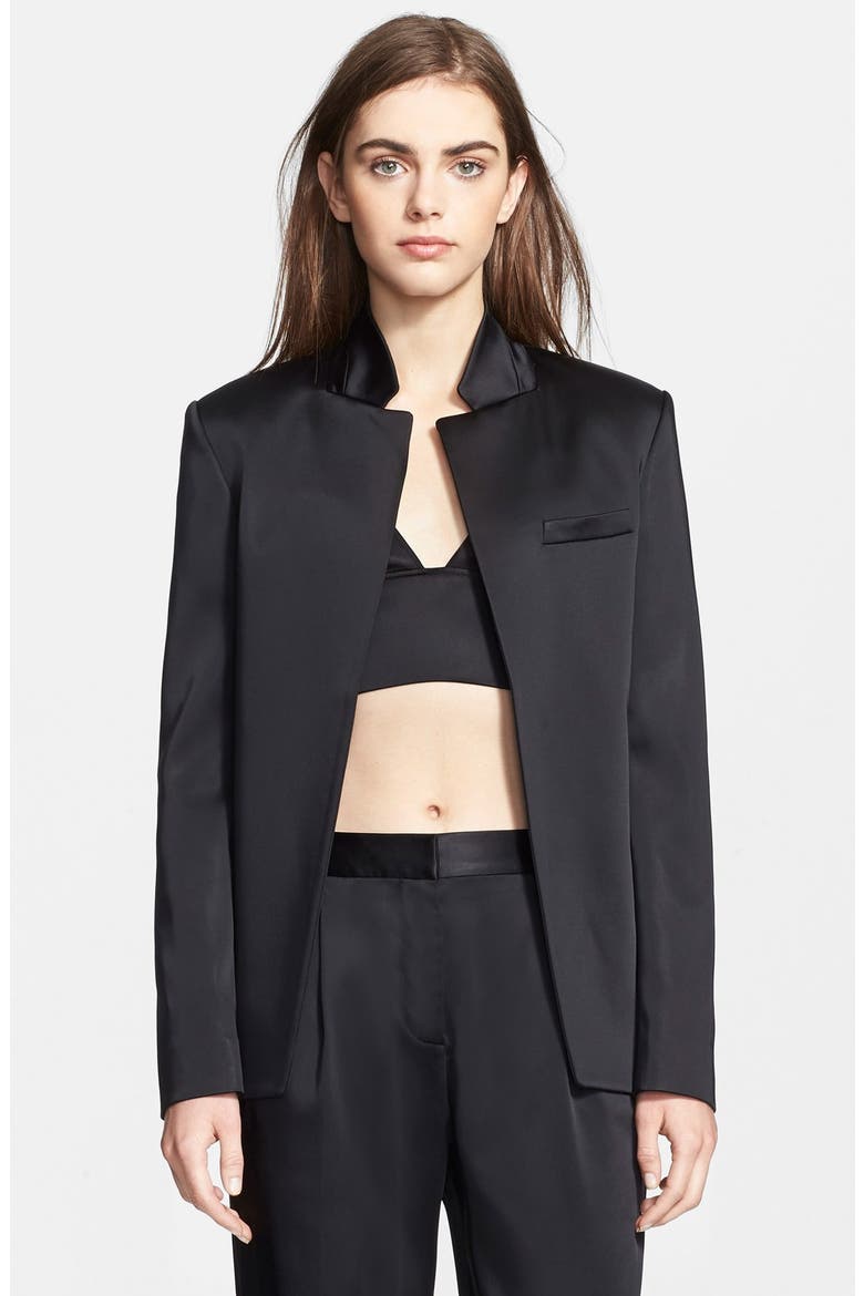T by Alexander Wang Stretch Satin Open Blazer, Main, color, BLACK