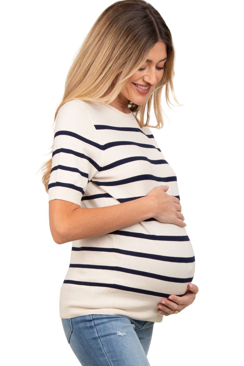 Striped Knit Short Sleeve Top, Alternate, color, Navy Blue