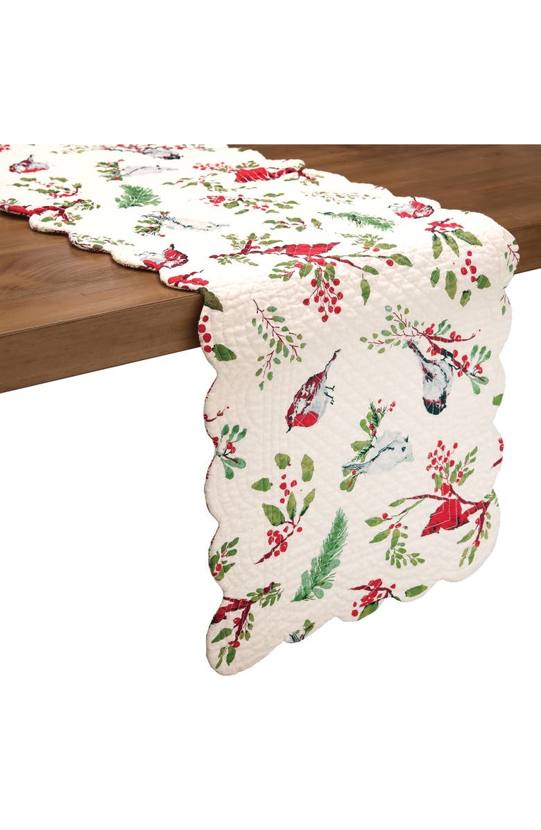 C&F Home Sprig Chickadees & Red Cardinals 100% Cotton Quilted Christmas Table Runner XMAS 14" x 51", Alternate, color, White