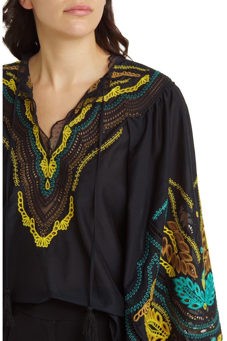 Embroidered Cotton & Silk Peasant Top, Alternate, color, BLACK