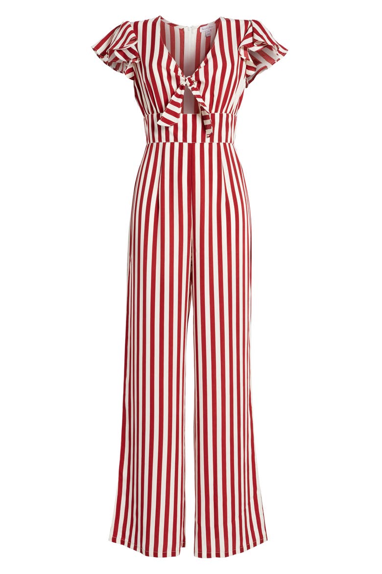 Tie Front Wide Leg Jumpsuit, Alternate, color, RED WHITE STRIPE