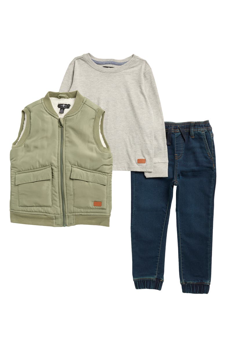 7 For All Mankind Kids' Long Sleeve T-Shirt, Jeans & Vest Set, Main, color, Sage