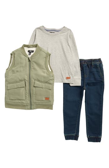 7 For All Mankind Kids' Long Sleeve T-shirt, Jeans & Vest Set In Multi