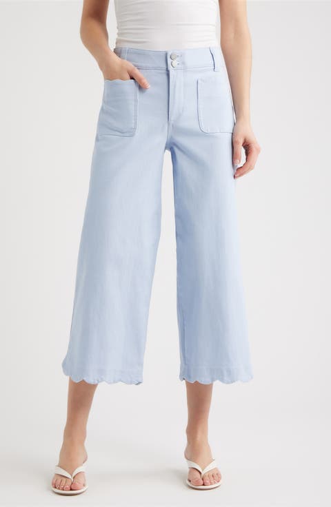 Scallop Patch Pocket High Waist Crop Wide Leg Twill Pants