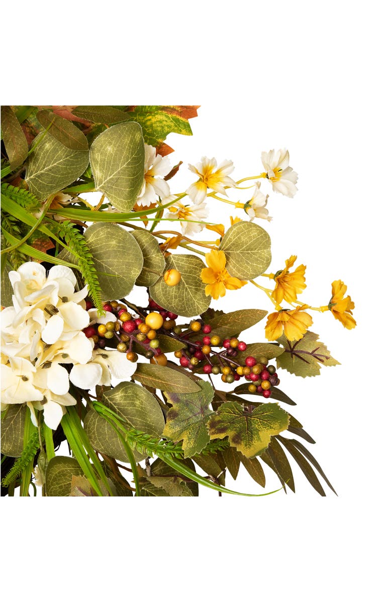 Northlight Velvet Pumpkins, Hydrangeas and Maple Leaves Artificial Fall Harvest Wreath - 24", Alternate, color, Green