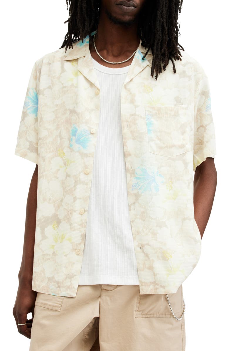 AllSaints Nevada Floral Print Camp Shirt, Main, color, Wicker White