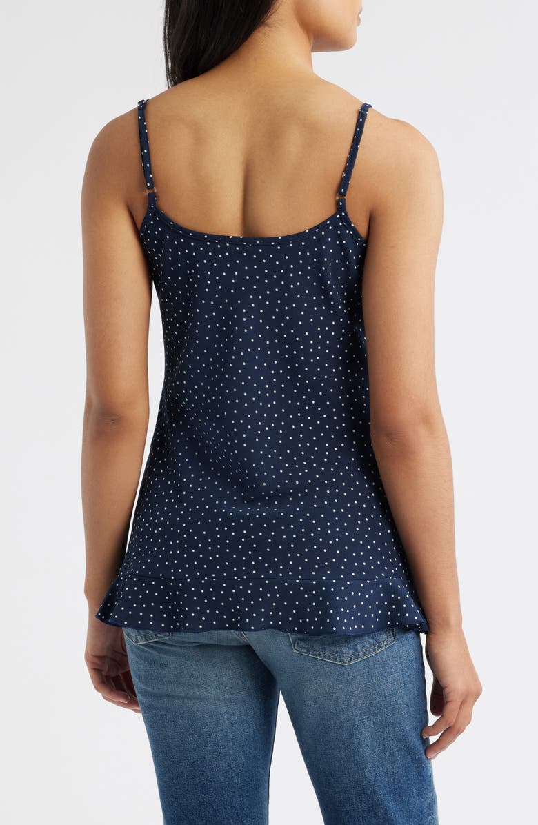 Loveappella Polka Dot Ruffle Crepe Camisole, Alternate, color, Navy