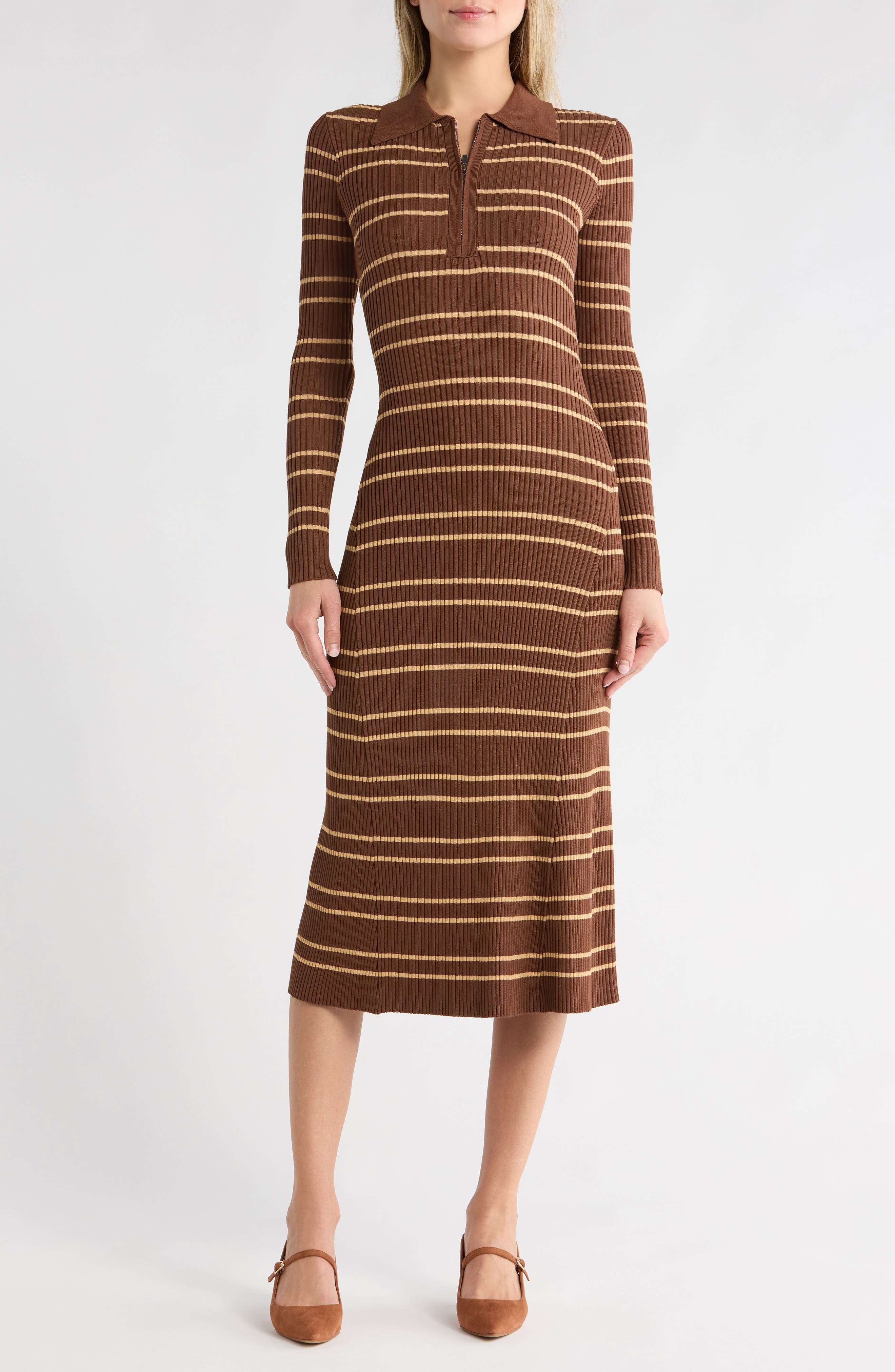 MOON RIVER Stripe Quarter Zip Midi Dress