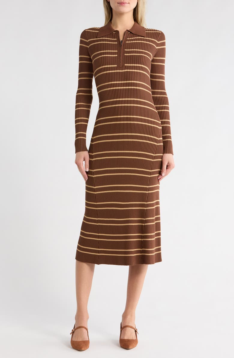 MOON RIVER Stripe Quarter Zip Midi Dress, Main, color, Brown