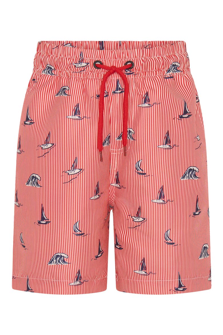 Kids' Yacht Stripe UPF 50+ Swim Trunks, Main, color, RED
