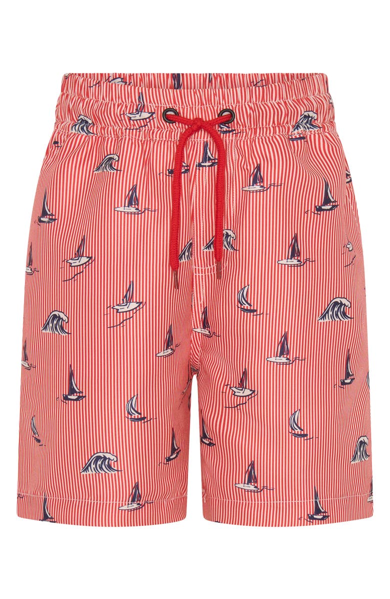 TINY TRIBE Kids' Yacht Stripe UPF 50+ Swim Trunks, Main, color, Red