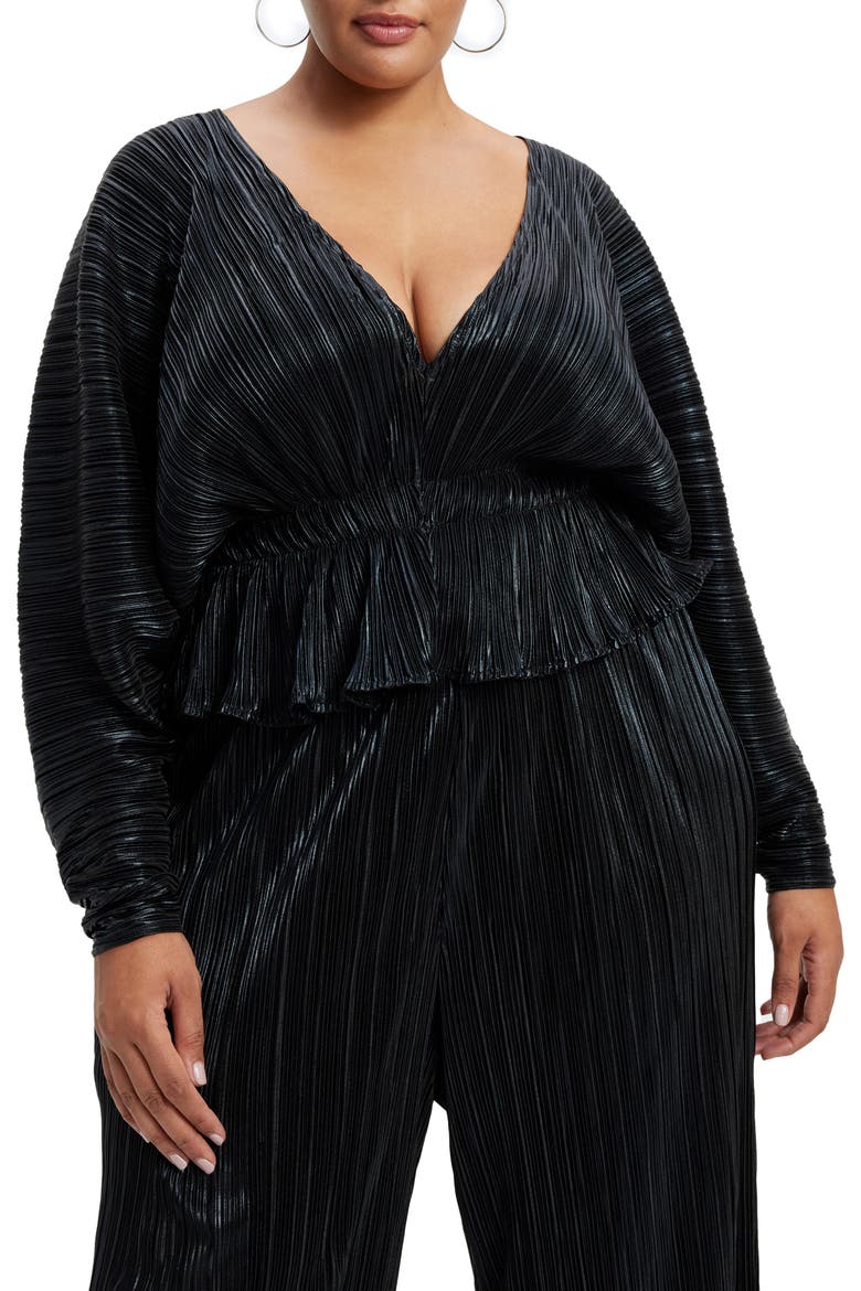 Plissé Deep V-Neck Dolman Sleeve Top, Alternate, color, BLACK001
