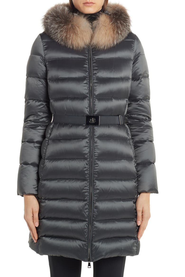 Tinuv Belted Satin Down Coat with Detachable Genuine Fox Fur Hood Trim, Alternate, color, GREY