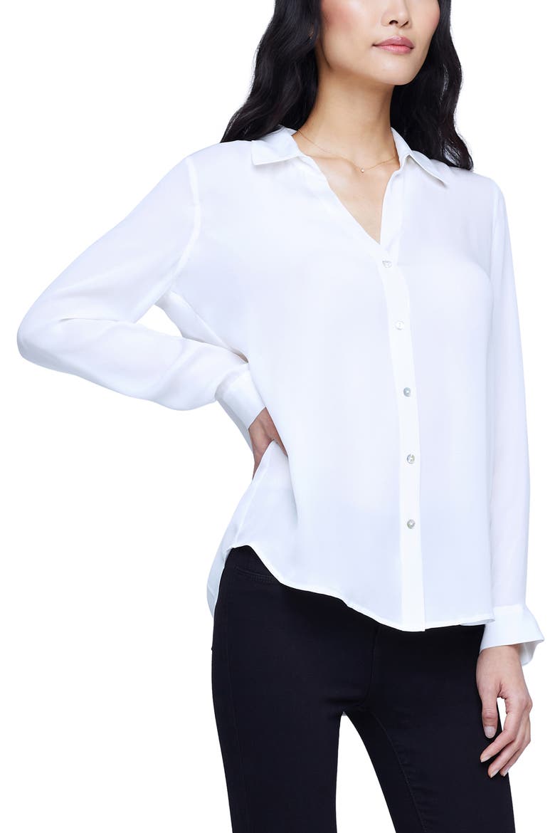 Nina Long Sleeve Button-Up Silk Shirt, Alternate, color, IVORY