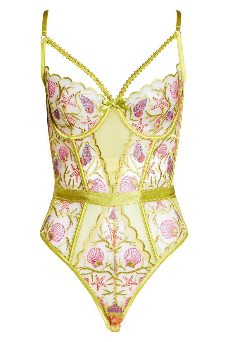Embroidered Underwire Bodysuit, Alternate, color, SHELL EMBROIDERY/ CHARTREUSE